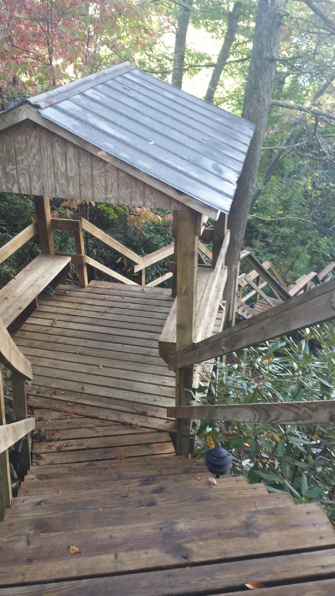 Metal roofed shelter over wooden steps on a wooded walkway — Skylight Repair & Installation work by our crew in Lattimore